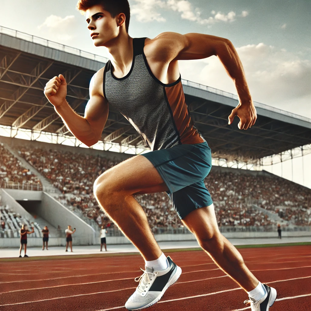 Un joven atleta, con músculos definidos, se encuentra corriendo en una pista de atletismo. Lleva una camiseta y pantalones cortos. El estadio está lleno de espectadores en las gradas, creando un ambiente de competencia.